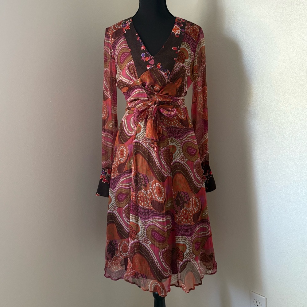 i Blues Orange, Pink, Brown Paisley Midi Dress- Size 6